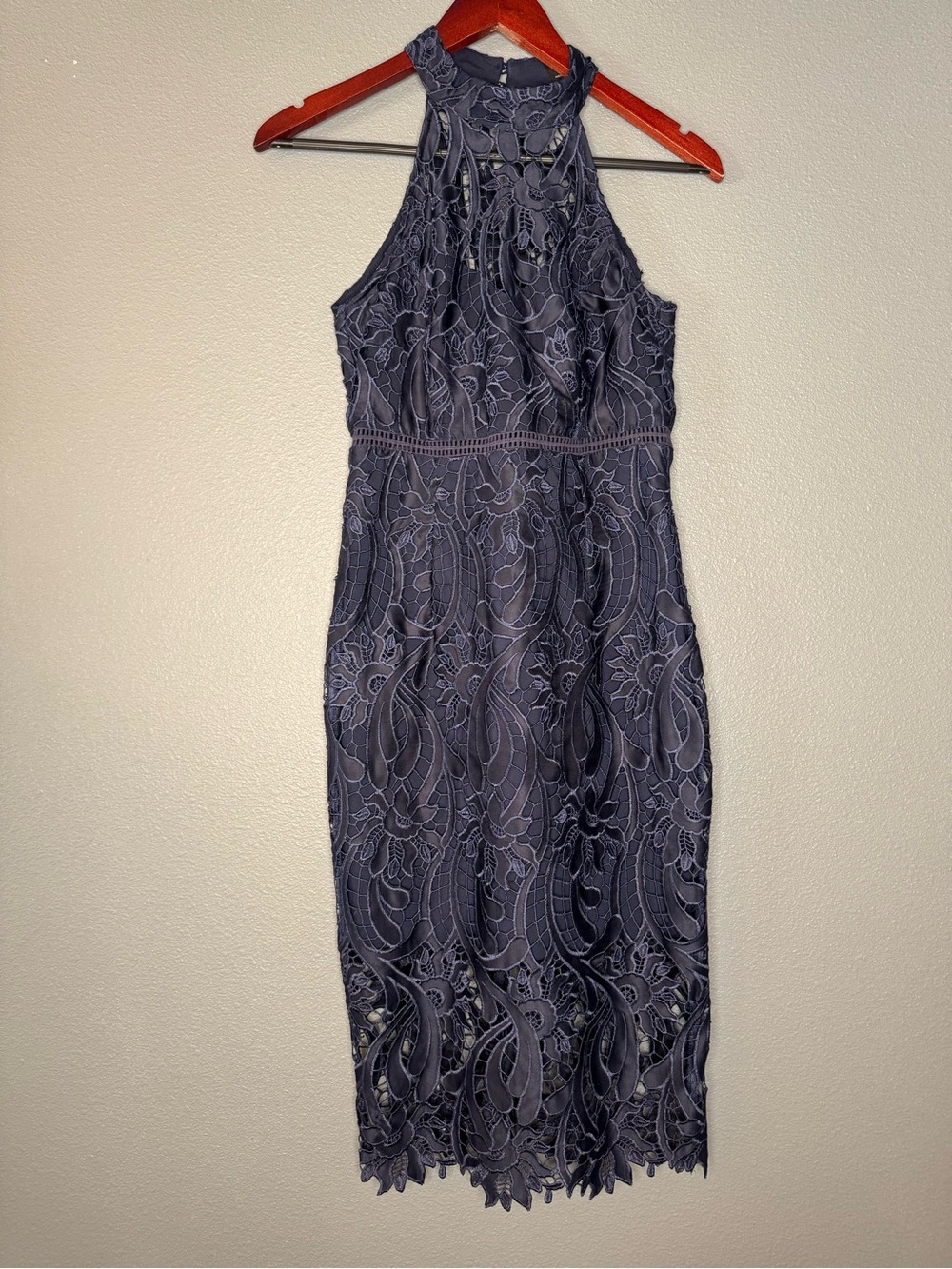 Bardot Isa Lace Halter Midi Dress Navy Blue Size 4 XS Cocktail Wedding